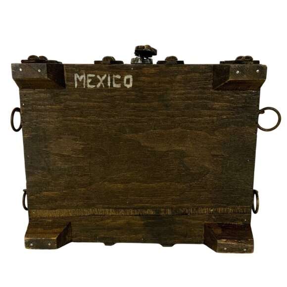Vintage Wooden Treasure Chest Jewelry Box Hinged Lid Metal Accents Mexico - Picture 6 of 8